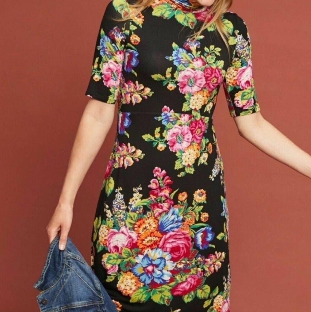 Anthropology Coreyell Turtleneck Strechy Vibrant Floral Boho Romantic Dress SzL
